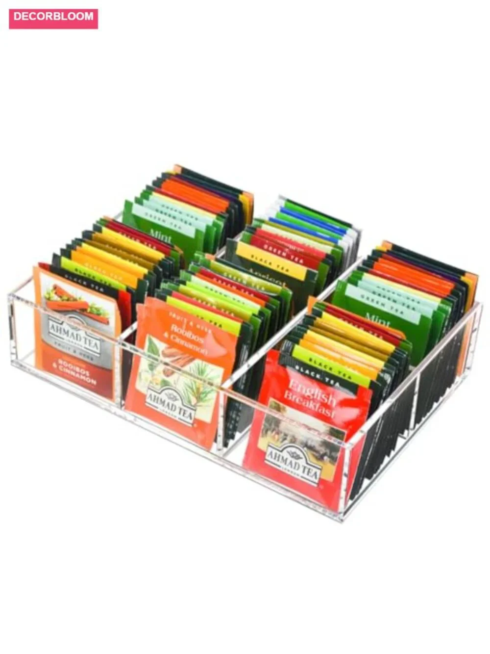 Acrylic Tea Bag Organizer with Removable Dividers, 6 Compartments Clear Storage